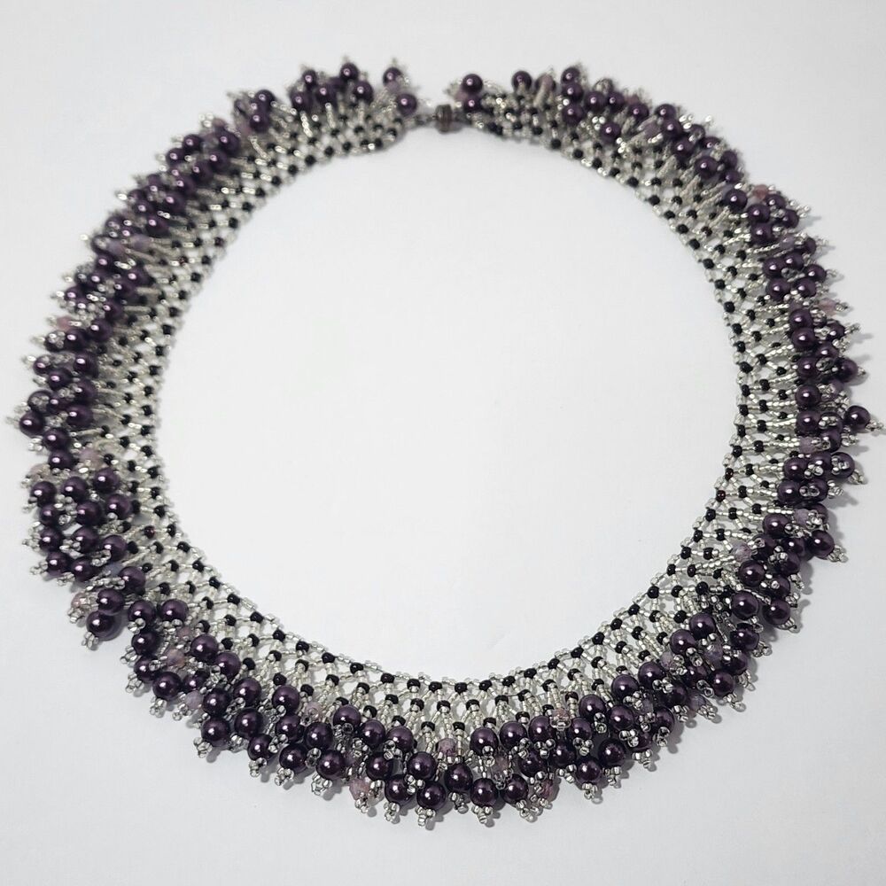 Handmade Purple Pattern Seed Beaded Collar Necklace Purple/Clear Beads Artisan